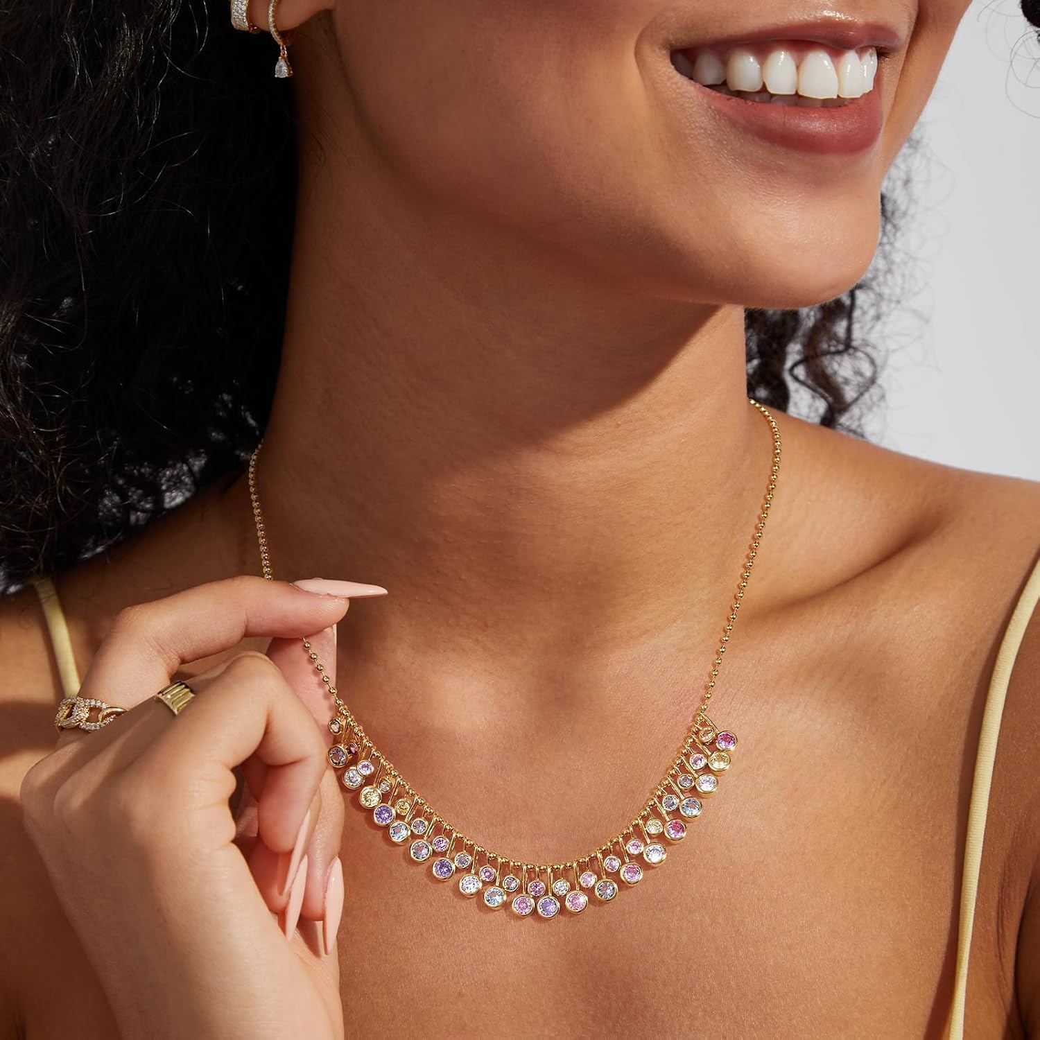KissYan Cubic Zirconia Charm Necklace for Women, 14K Gold Plated Beaded Chain Rainbow White CZ Necklaces Dainty Elegant Jewelry Gift