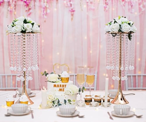 Miniatura 6 de 2 piezas de centro de mesa de 21.88 pulgadas, jarrón alto de metal de cristal, jarrón dorado para mesa, decoración de centros de mesa de boda,