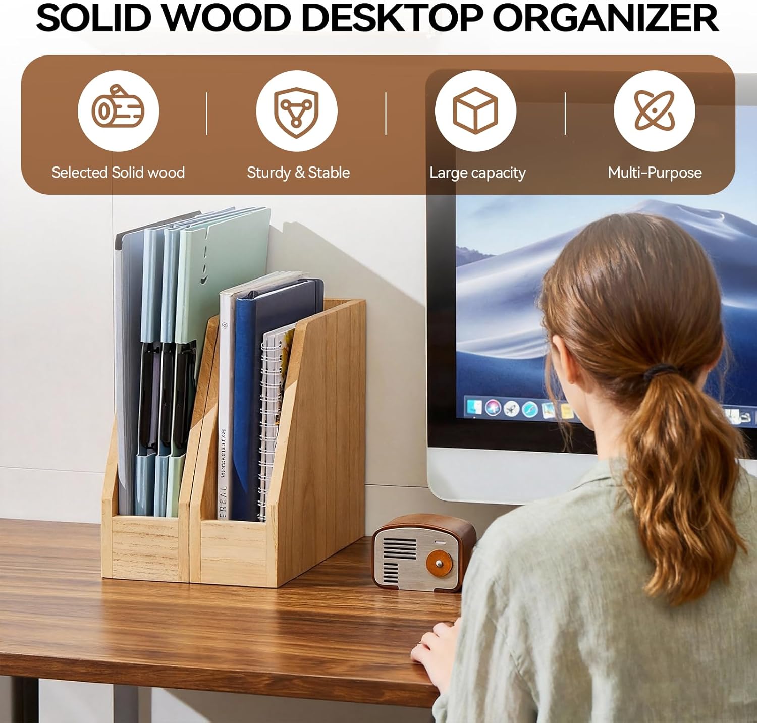 KIRIGEN Wood File Folder Holder Desktop Document Rack Organizer Desk Paper Holder Storage Sorter 2 Packs 2TWJJ-NA