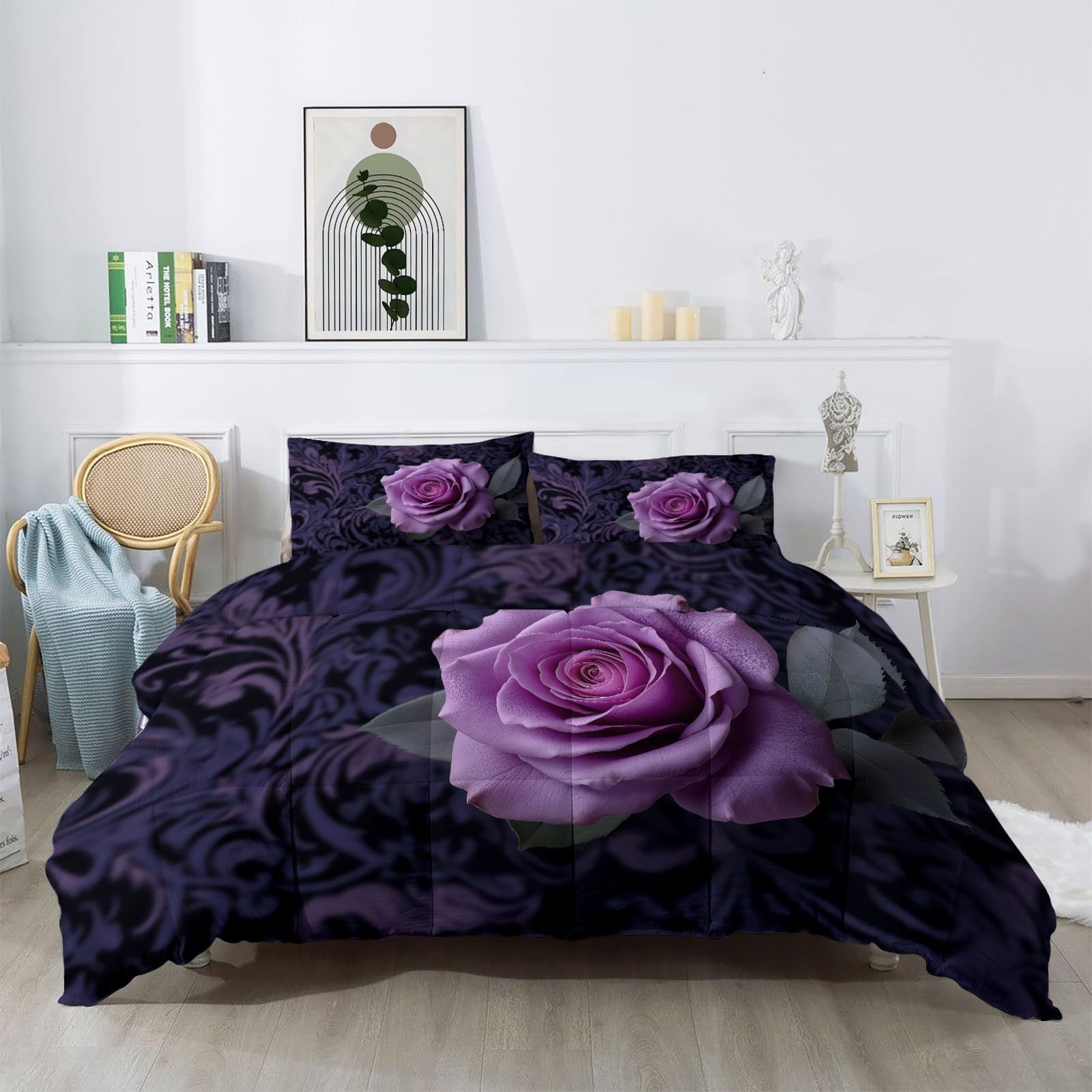 Colcha Estampado Sutil de Rosas de Lujo Cubrecama Ligera Fina Entretiempo Extra Suave 220 x 240 cm Transpirable de Cama de Colchas Acolchadas de Microfibra Colcha a con Púrpura