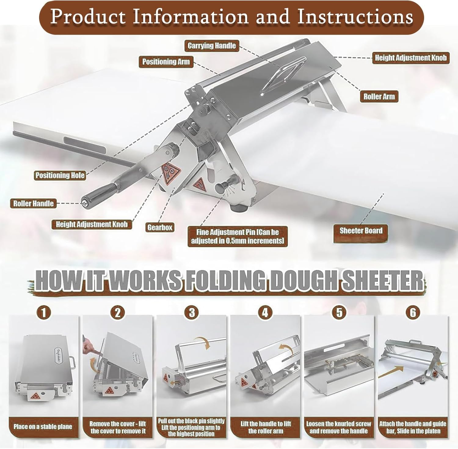 Laminadora De Masa Profesional, Laminadora Industrial para Hojaldre, Laminadoras Manual De Tablero, Laminadoras Profesional para Masa Plegable En Acero Inoxidable, Grosor Ajustable
