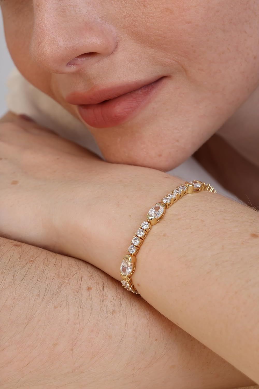 14K Gold Plated Bezel Set Chain Bracelet for Women Oval Cut Tennis Bracelet Gift for Birthday, Wedding, Anniversary