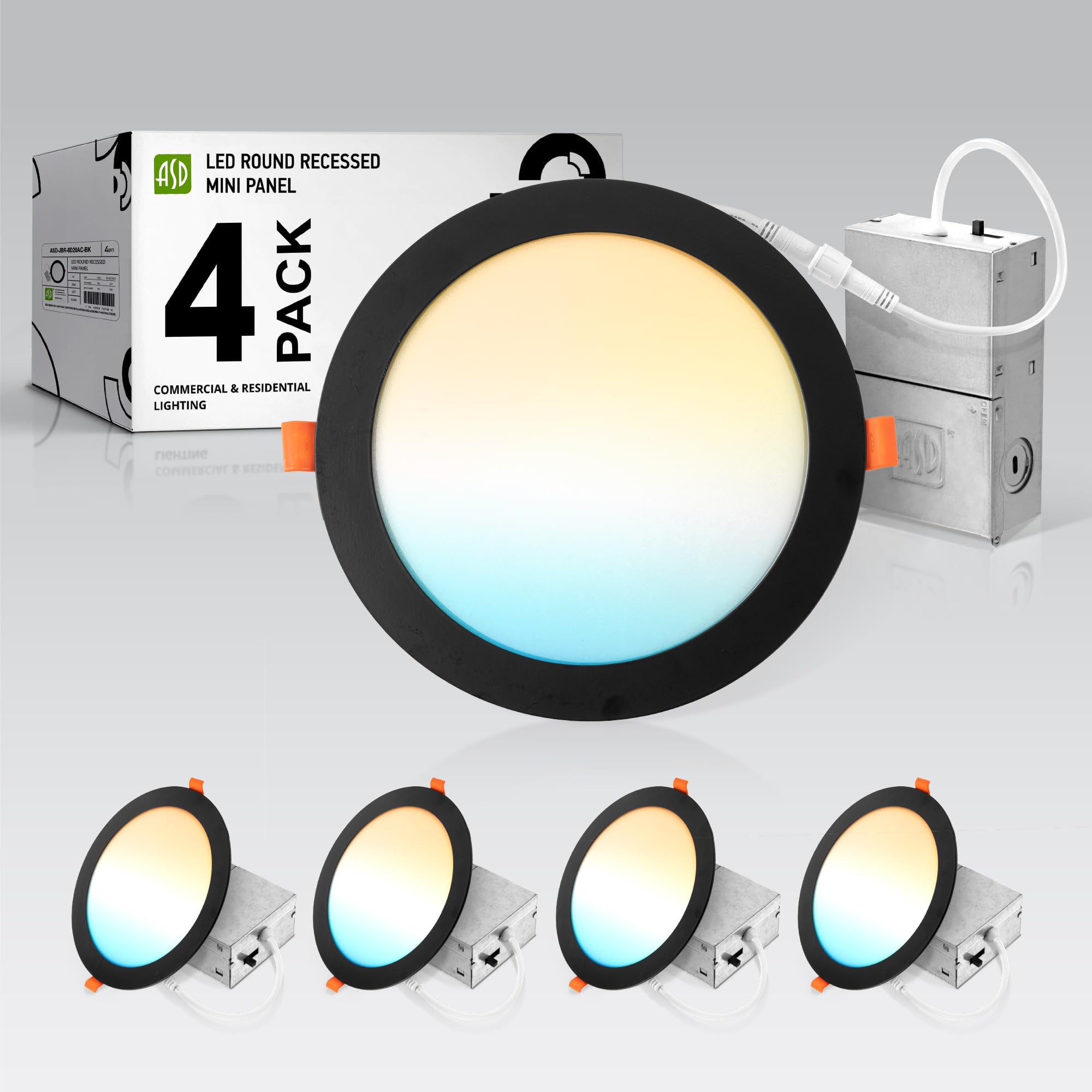 ASD 4 Pack 8 Inch LED Recessed Light 20W, 5 CCT 2700K-5000K CRI90+, IC Rated Ultra Thin Dimmable Ceiling Lights with J Box, Canless Wafer Downlight,