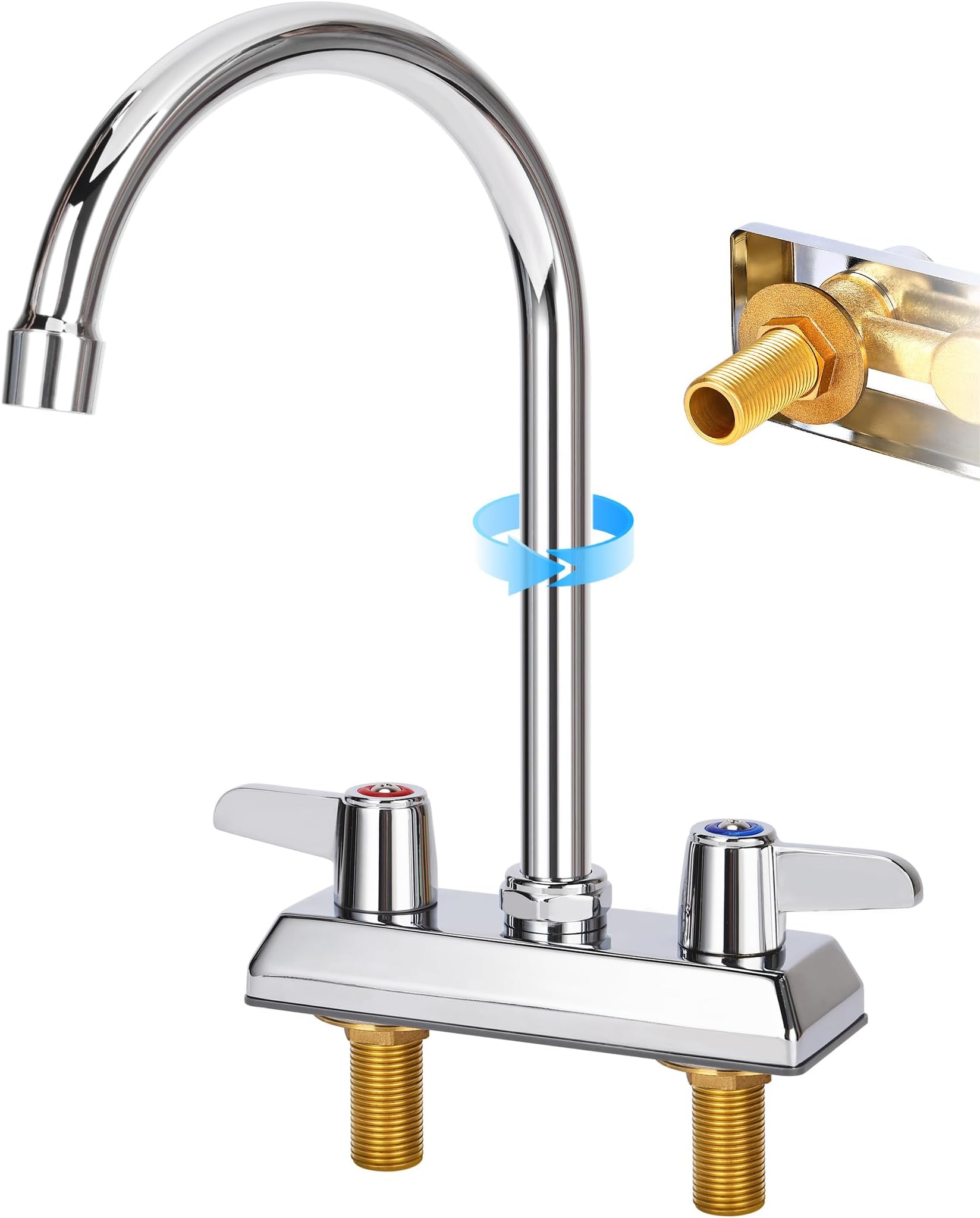 Commercial Bar Sink Faucet,4 Inch Center Deck Mount Utility Sink Faucet๏ผ 2 Hole Brass Constructed,Chrome Polished with 6" Gooseneck Spout and 90ยฐRotatable Dual Lever Handles.