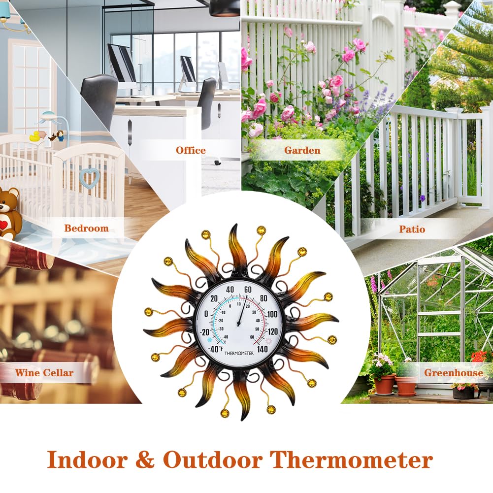 VEWOGARDEN 13.5 Inch Metal Sun Outdoor Thermometer Waterproof Decorative Wall Indoor Outdoor Thermometer for Patio, Garden & Home Decor