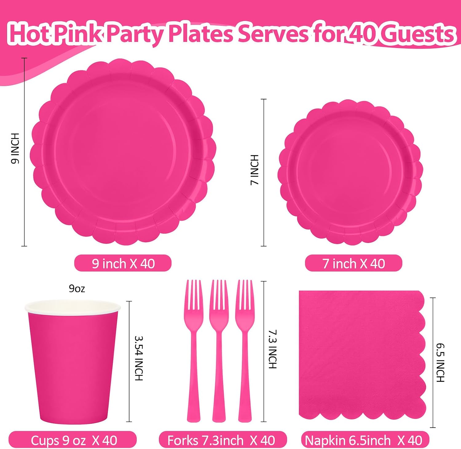 200Pcs Hot Pink Party Plates and Napkins, 9’’ Disposable Scalloped Hot Pink Paper Plates and 7’’ Hot Pink Dessert Plates Cups Napkins Forks Party Supplies for Birthday Party Decorations, Serves 40
