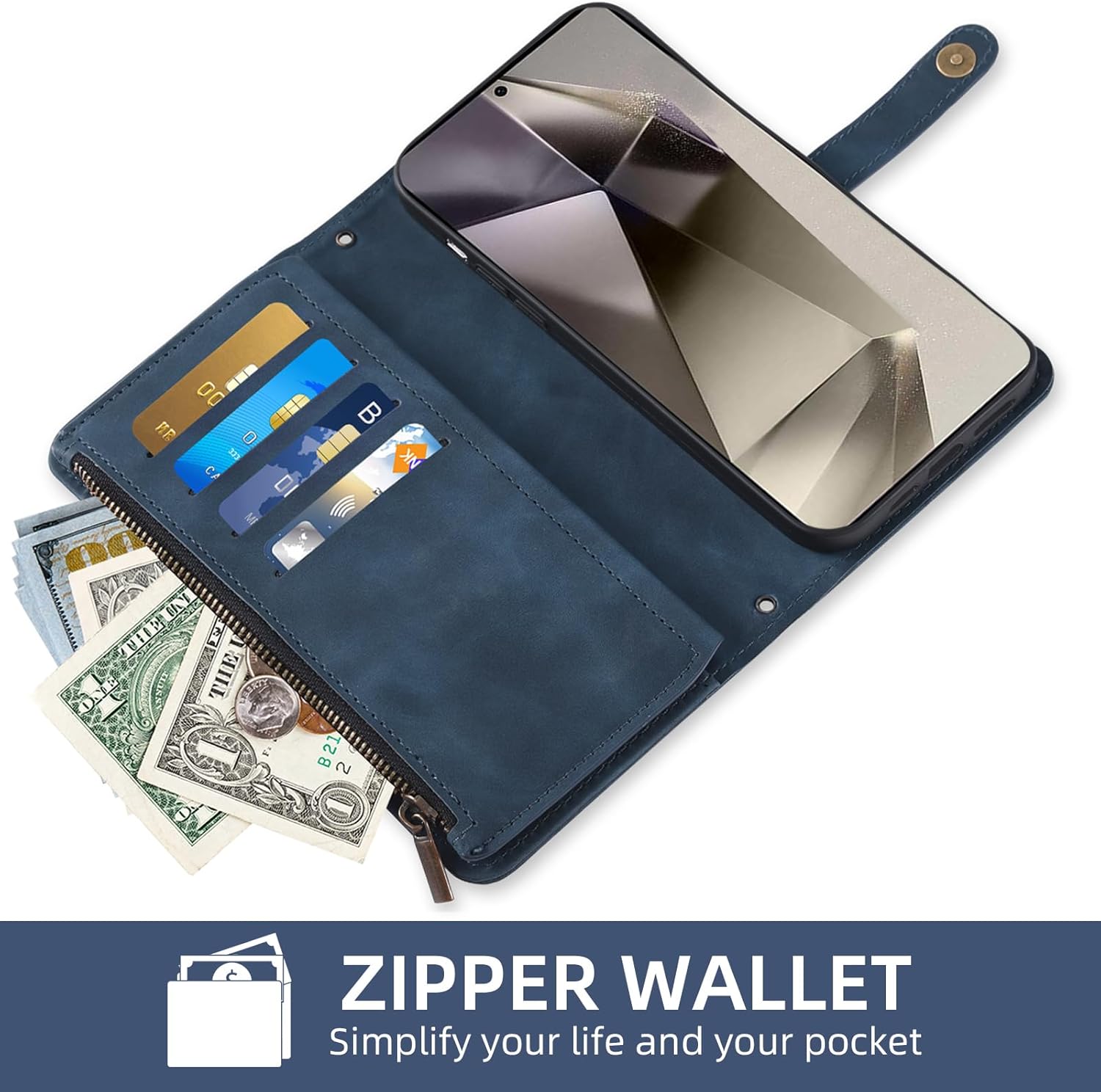 Phone Case for Samsung Galaxy S24 Ultra 5G Wallet Cover With Screen Protector Crossbody Wrist Strap Leather Flip Pattern Zipper Credit Card Holder Stand Cell S24Ultra S 24 24Ultra 2024, 6.8 inch Blue