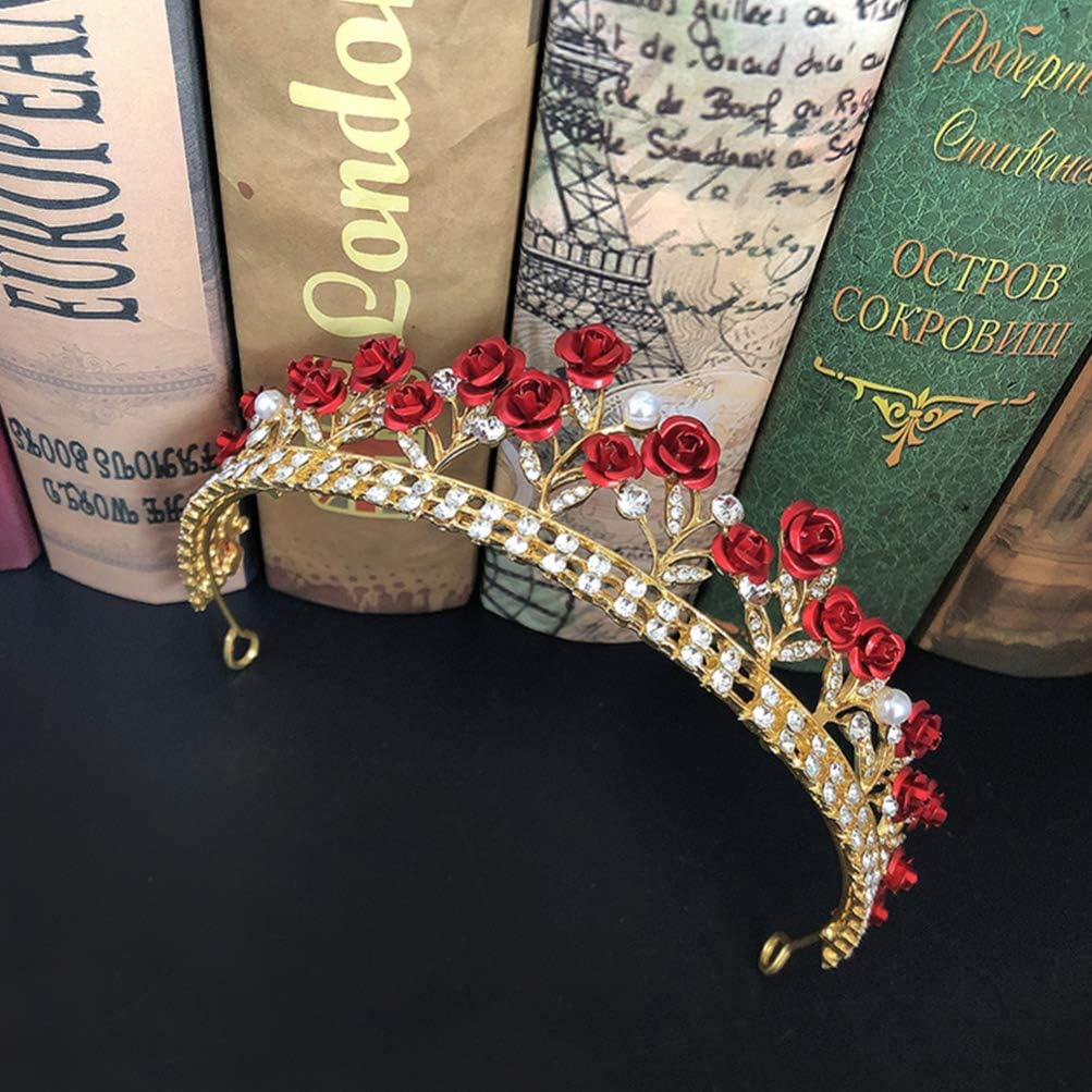 FRCOLOR Red Rose Tiaras for Women Valentine's Day Wedding Bridal Elegant Princess Crown Crystal Rhinestone Tiara Headband Prom Tea Party Fairy Headpiece - Image 8