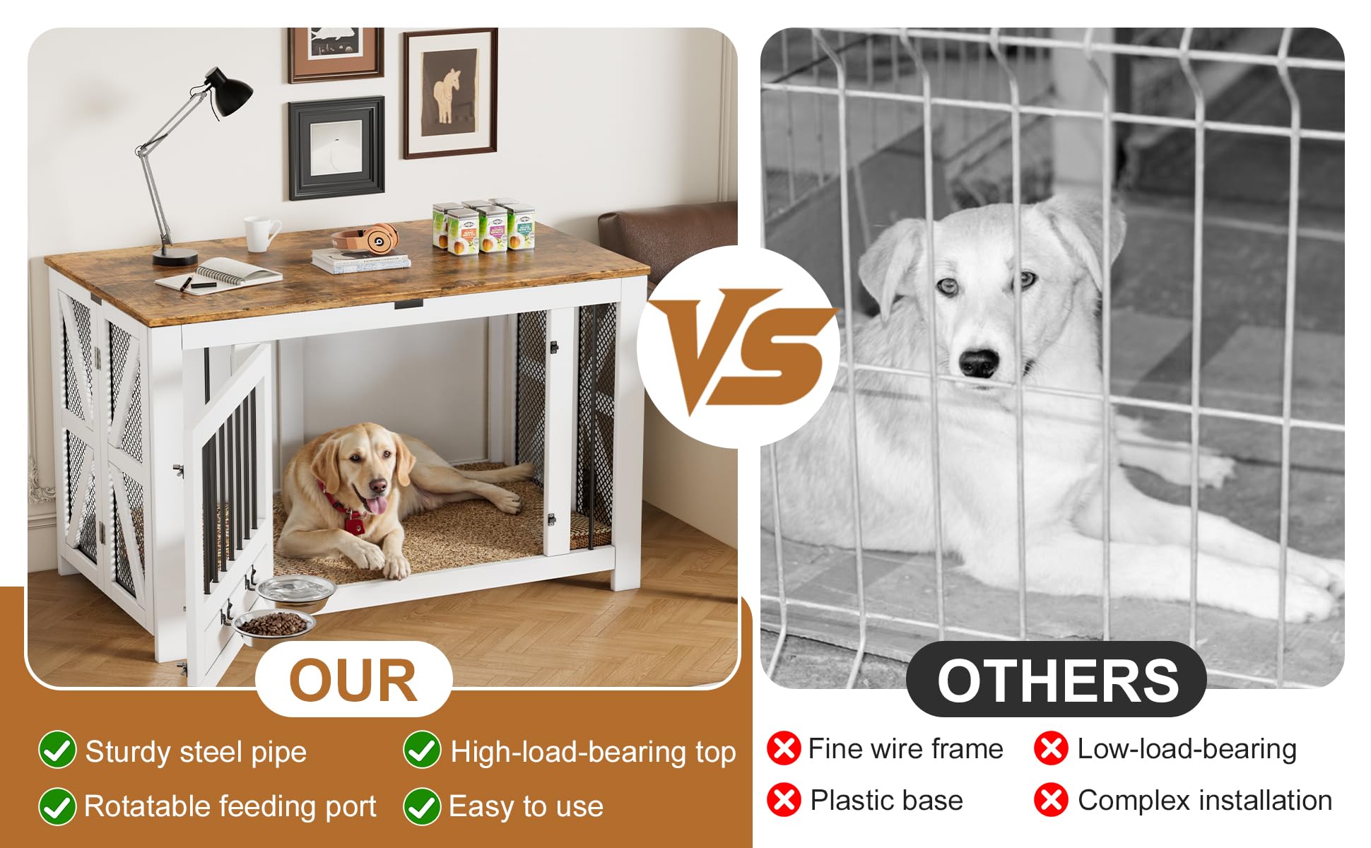 Hundekäfig Möbel,105 cm Hundebox 2Futternäpfe,1Türen,Moderne Hundekäfig Indoor für Klein/Mittele/Große Hunde,Gitterbox HundFaltbar aus Holz,Beistelltisch,Tür mit Riegel,105 × 58 × 65,6 cm,Weiß Braun