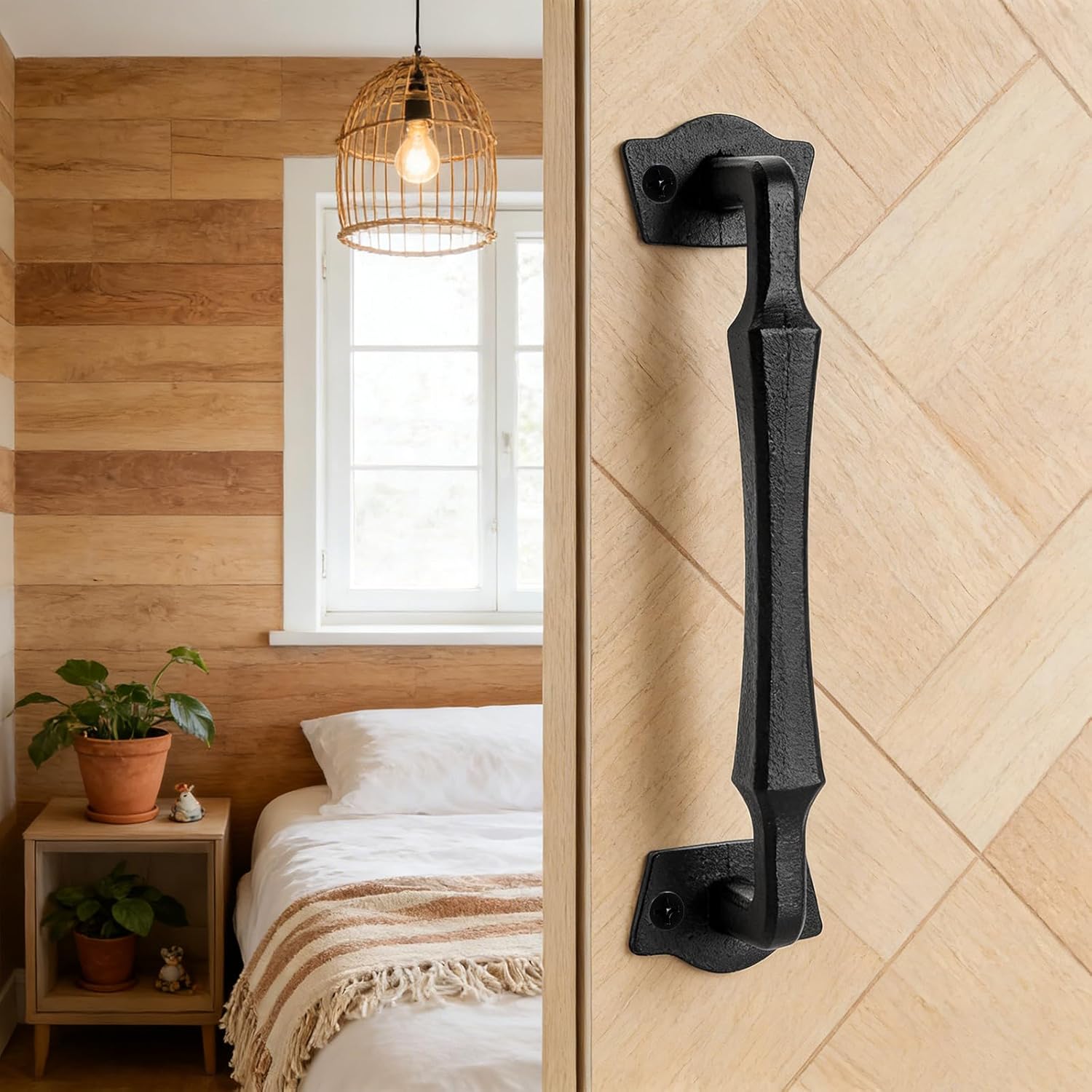DEAYOU 10 Inch Sliding Barn Door Handle, Solid Cast Iron Door Pull, Rustic Square Gate Handle for Fence, Garage, Shed, Closet, Cabinet, Pantry, Matte Black, Screws Included, Easy Install