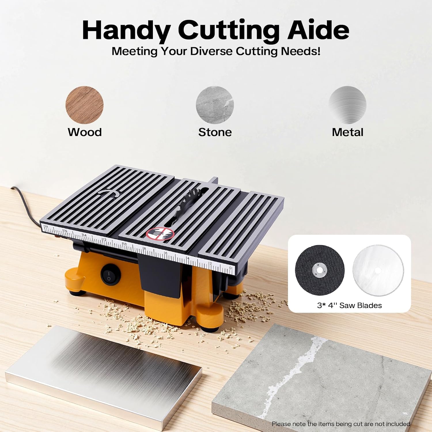 4" Mini Table Saw - 90W 110V Benchtop Electric Saw with 3 Blades, Portable DIY Woodworking Tool for Handmade Gifts, Models (7.5"x5.5"x4.7", Includes Work Stand)