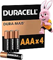 Duracell Pilhas Alcalinas AAA Palito Pack 4 Unidades – Dura Mais – Ideal para Controles Remotos Brinquedos e Lanternas