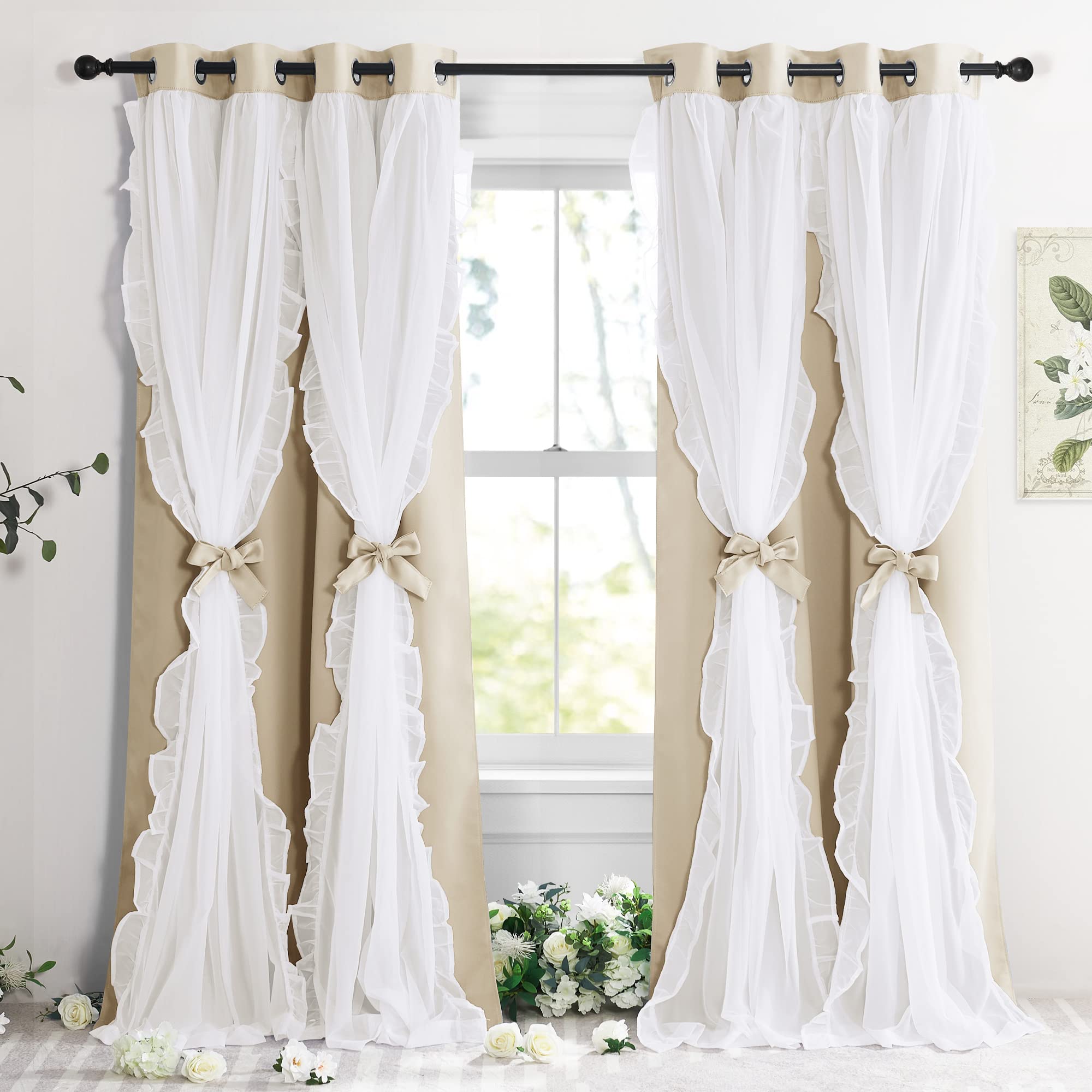 PONY DANCE Biscotti Beige Curtains for Girls Bedroom, Decorative Double Layer Curtains with Ruffle Sheer Overlay for Kids, Pretty Chic Princess Dreamy Ambiance Room Darkening Drapes 52x63 inch, 2 PCs — image 1