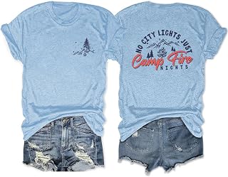 Camping Shirt for Women, No City Lights Just Camp Fire Nights Camping Shirt, Vintage Letter Graphic Print Tees