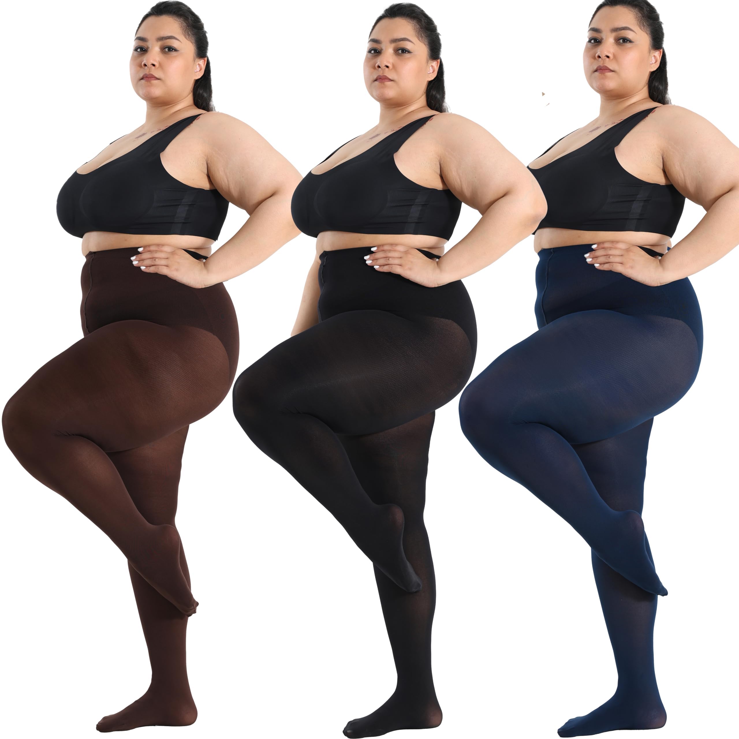 CozyWow Damen Strumpfhose Elastisch Semi-Blickdicht Strumpfhosen Plus Größen XL-4XL Schwarz +Kaffee+Navyblau 4XL