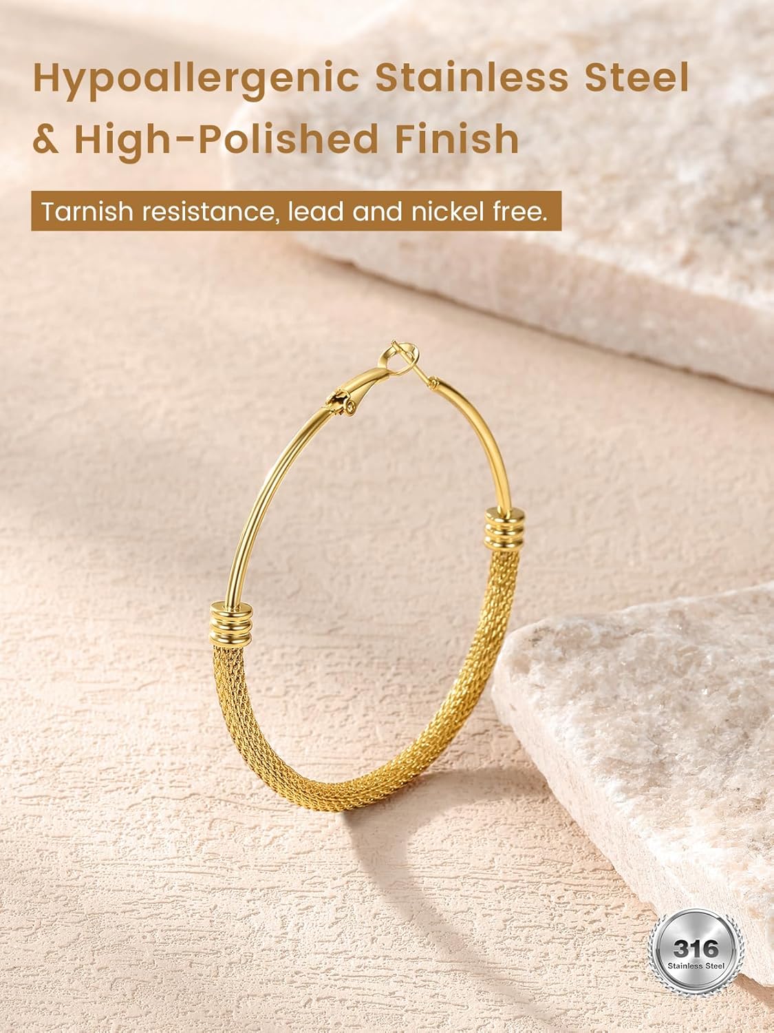 KeyStyle Mesh Hoop Earrings for Women, Stainless Steel Gold Hoops Earring Lightweight Loops, 2MM Thick Hypoallergenic Circle Endless Hollow Hoop 20mm-80mm - Image 8