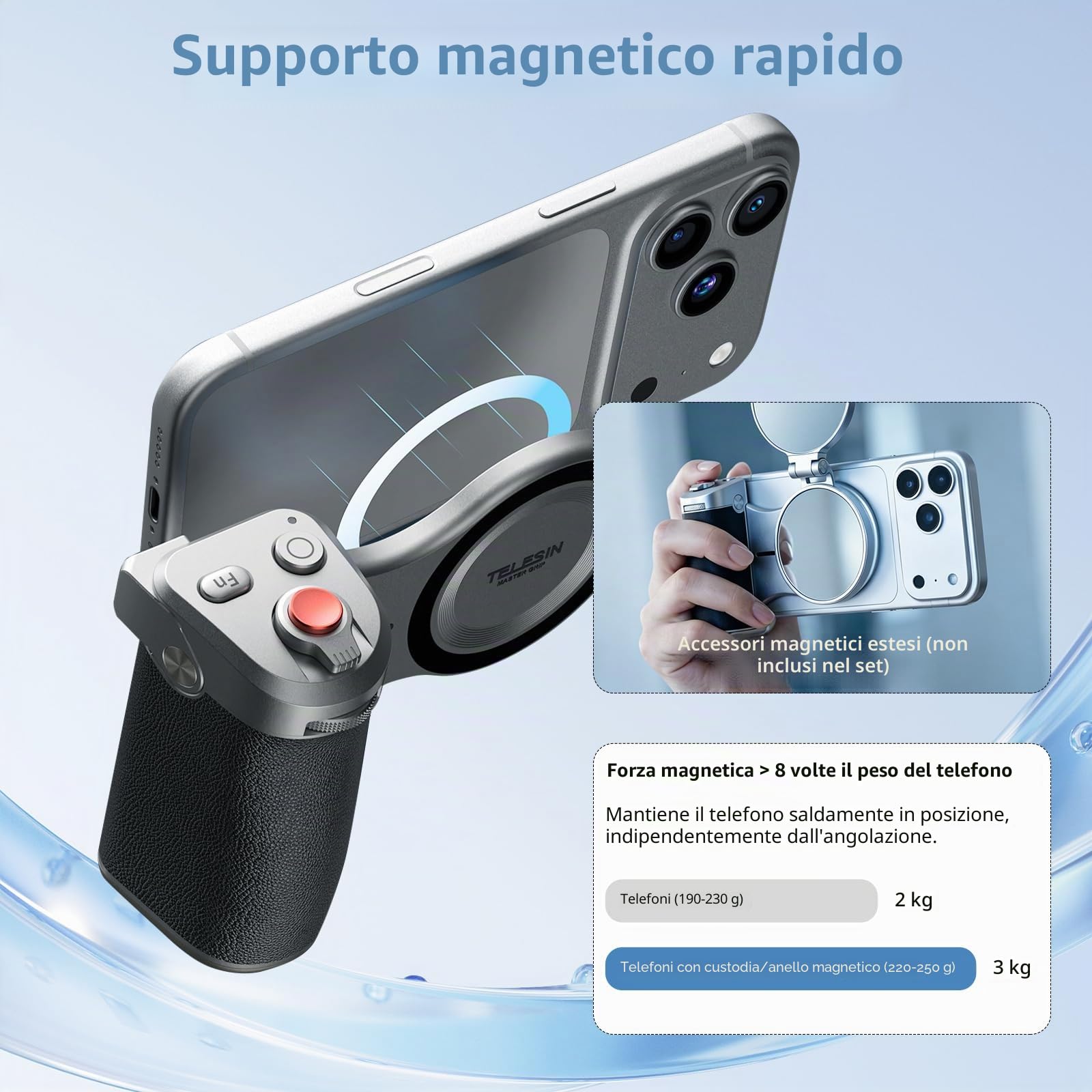Impugnatura Master Grip per iPhone e Android, impugnatura magnetica per foto con batteria da 3200 mAh, ricarica wireless, kit professionale per scatti con smartphone per iPhone 17-12 e Android