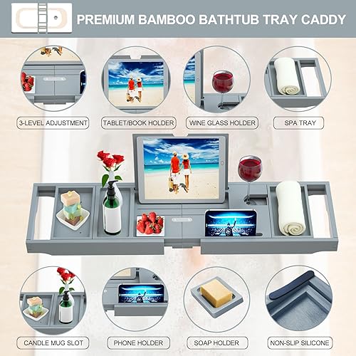 Vista 14 de Bandeja de bañera de alta calidad, bandeja de baño, mesa de bandeja de bañera para bañera, bandeja de baño para bañera, tamaño ampliable, se adapta