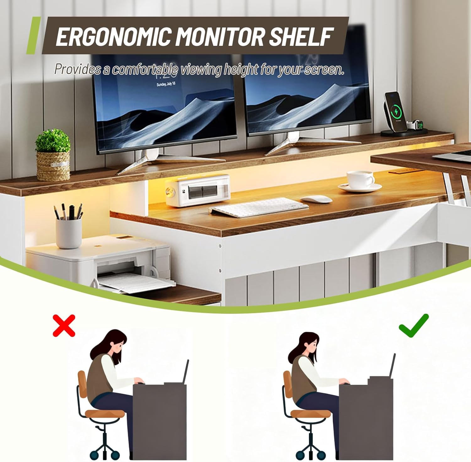 Farmhouse 63" L Shaped Standing Desk, Corner Computer Desk with Drawers, Office Desk with File Drawers with RGB Lighting & Charging Station, Monitor Stand and Storage Shelves, White and Walnut