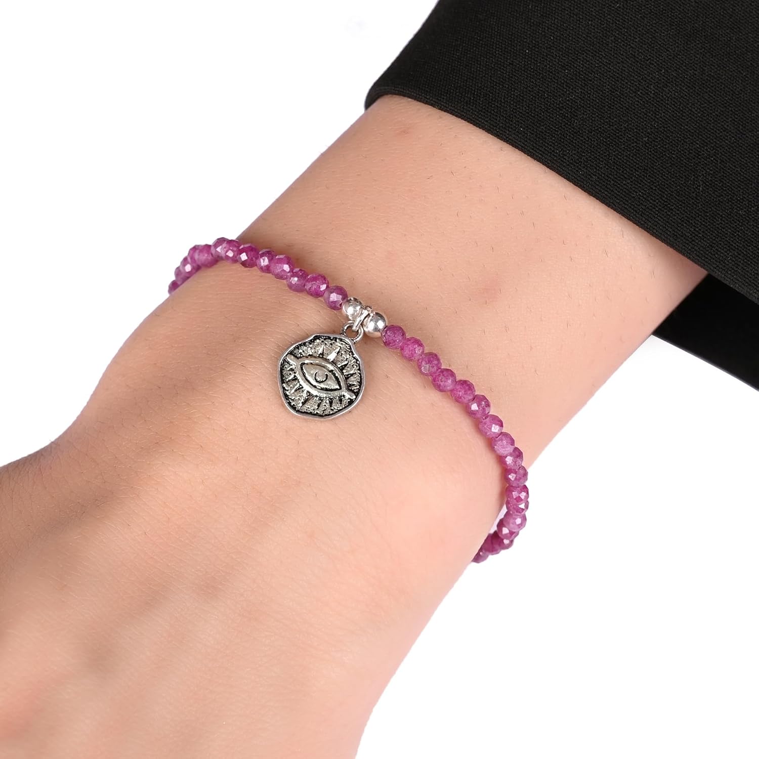 Evil Eye Bracelet with 3mm Faceted Natural Gemstone Beads, Black Tourmaline/Ruby/Lapis Lazuli, 6.50"+1.50" Adjustable Sterling Silver Bracelet, - Image 3