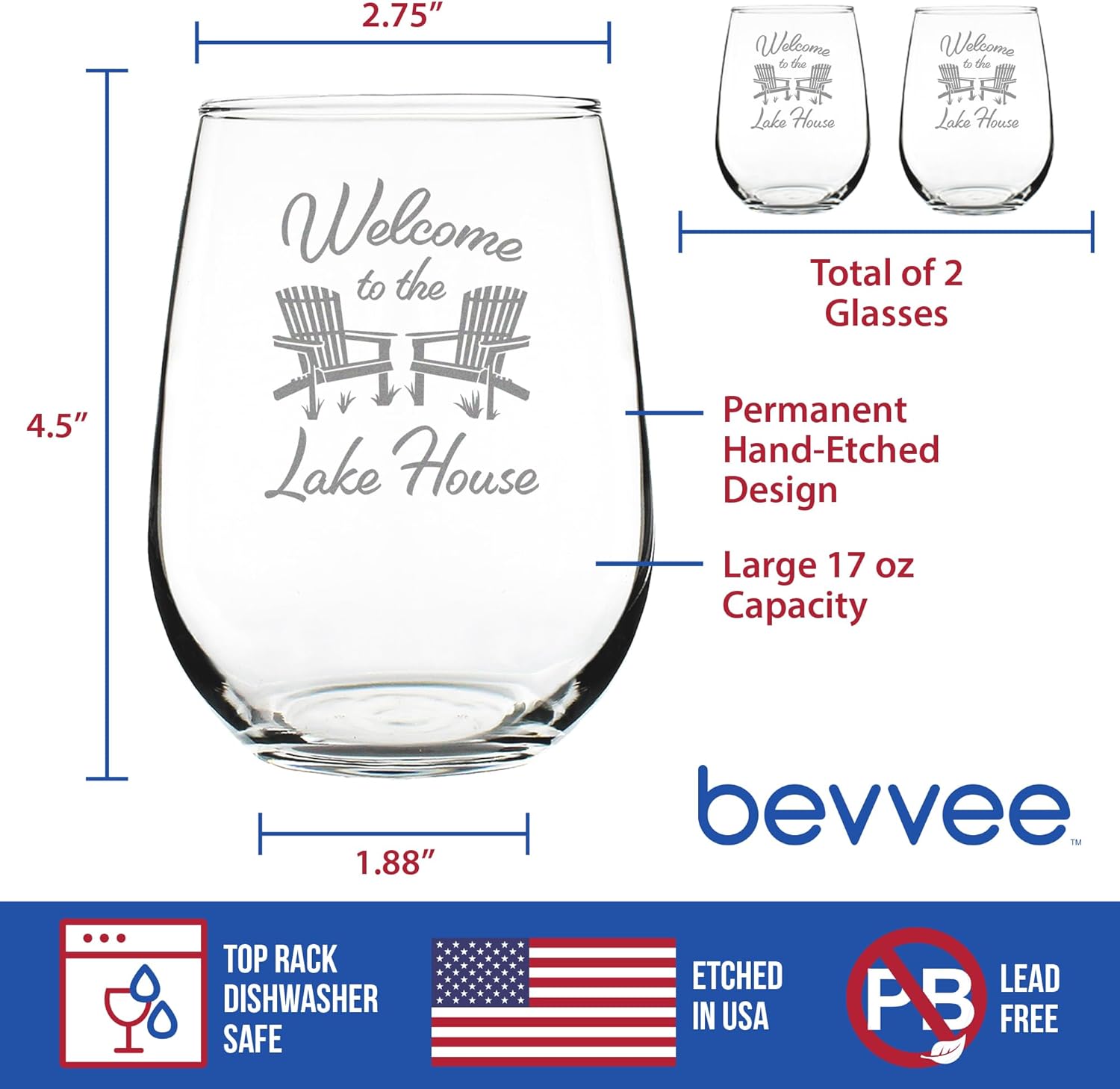 Bevvee Welcome To The Lake House - Stemless Wine Glass - Lake Home Rustic Cabin Decor - Set of 2 - Large 17 Ounce Glasses