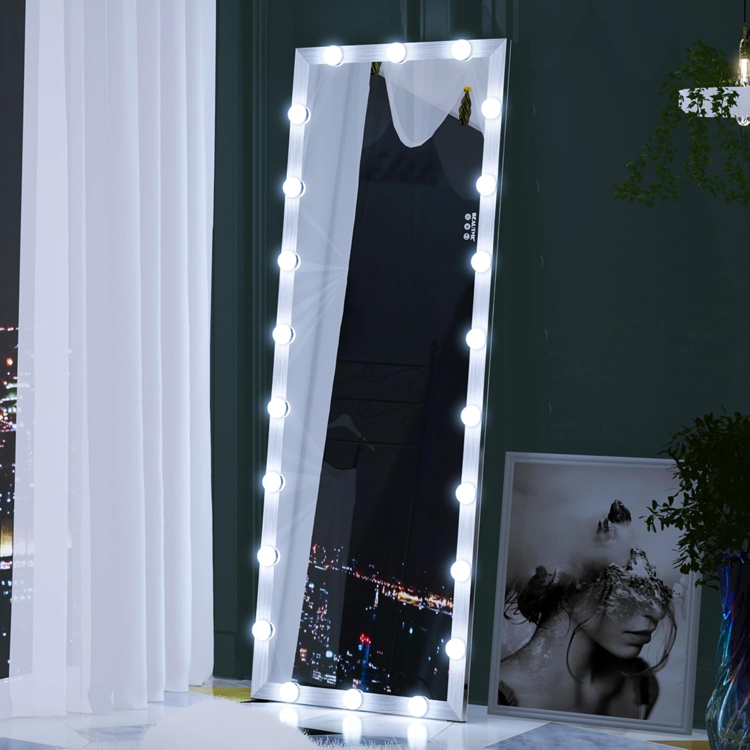 ANYHI Mirror with Lights Full Length, 62.6'' x 23.3'' LED Full Body Floor Dressing Mirror with 22 Dimmable Bulbs, Dimmable, 3 Color Lighting, Wall Mount/Standing (Silver)