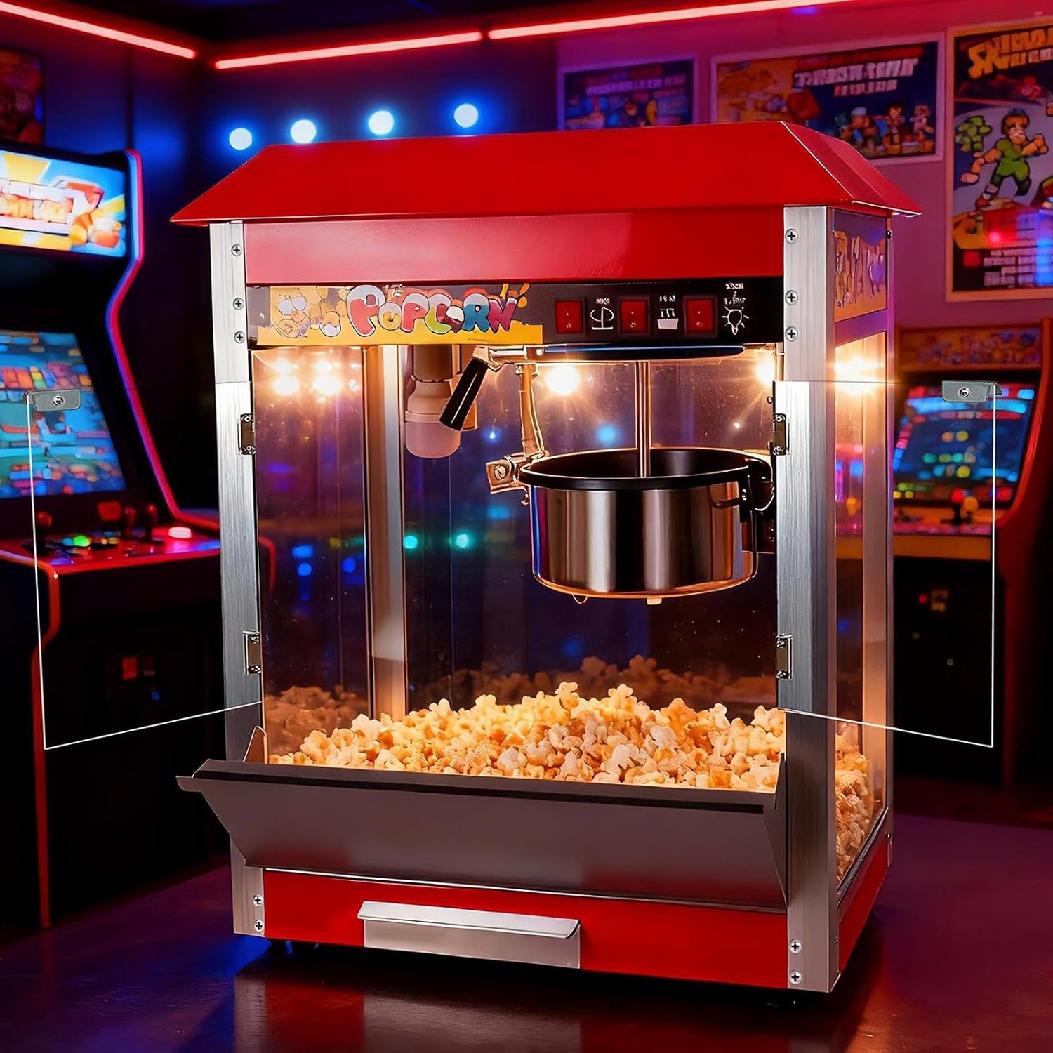 1300W Popcorn Machine with 10 Oz Kettle Makes Up to 48 Cups, Commercial Countertop Popcorn Machine Maker, 3 Switch Control for Quick 3-5 Minute Cinema Popcorn Making, Stainless Steel