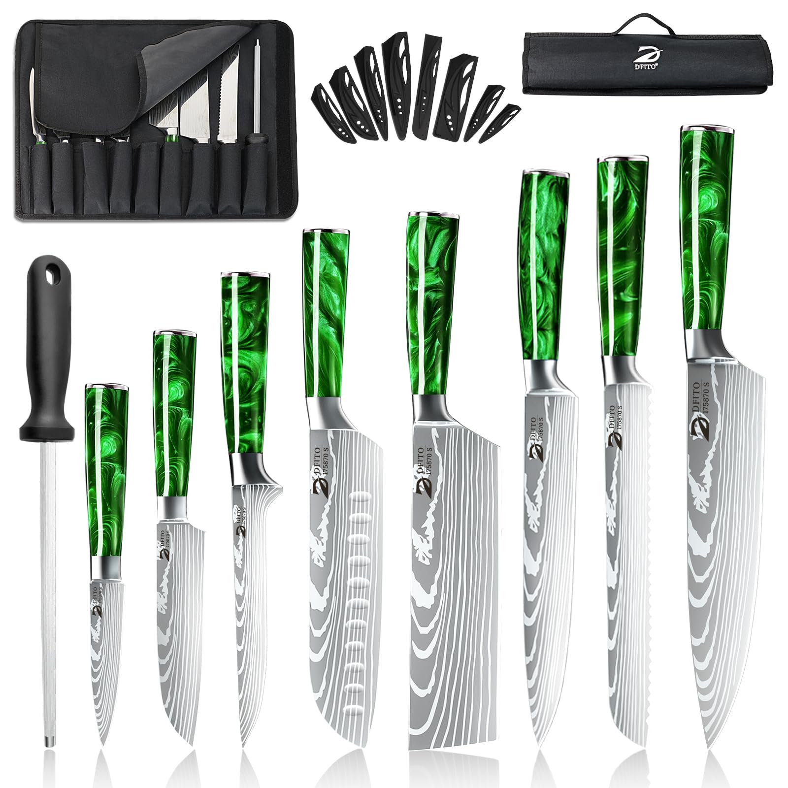 Dfito Set di coltelli da cucina, set di 9 coltelli da cucina professionali con custodia a rotelle, set di coltelli da cucina professionali in acciaio inossidabile ad alto tenore di carbonio