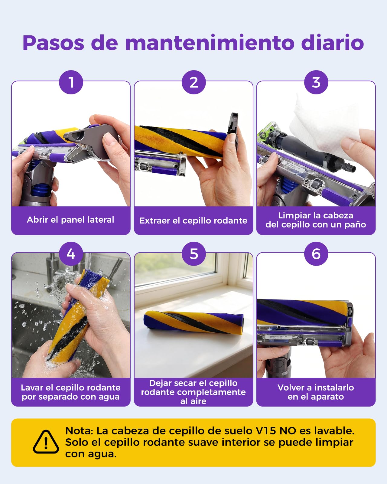 Cabezal de Limpieza V15 Fluffy Optic para Dyson V15, V11, V10, V8, V7 – Detección de Polvo con luz Verde, Accesorio de Rodillo Suave para Suelos de Madera | Luz verde revela el polvo, articulación de 90°, cepillo suave protege suelos, solo 390 g, cepillo