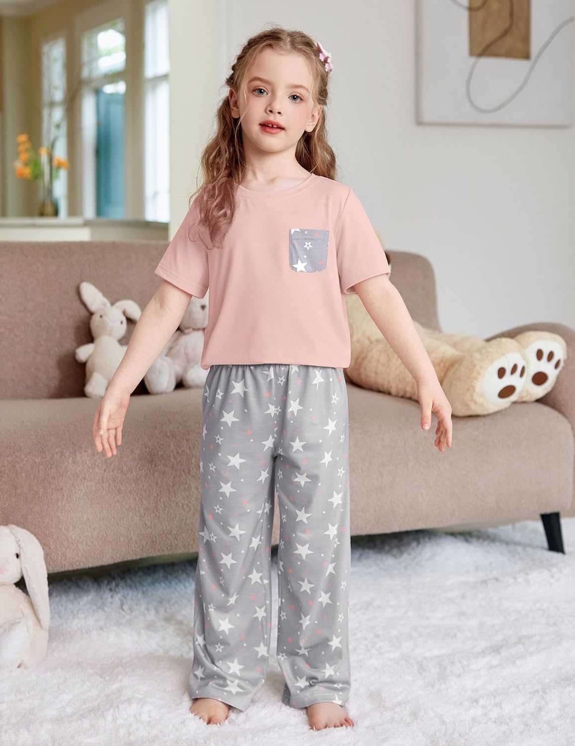 Arshiner Girls' Sleepwear Short Sleeve Long Pants Pajamas Sets Soft Loungwear for Kids - Image 3