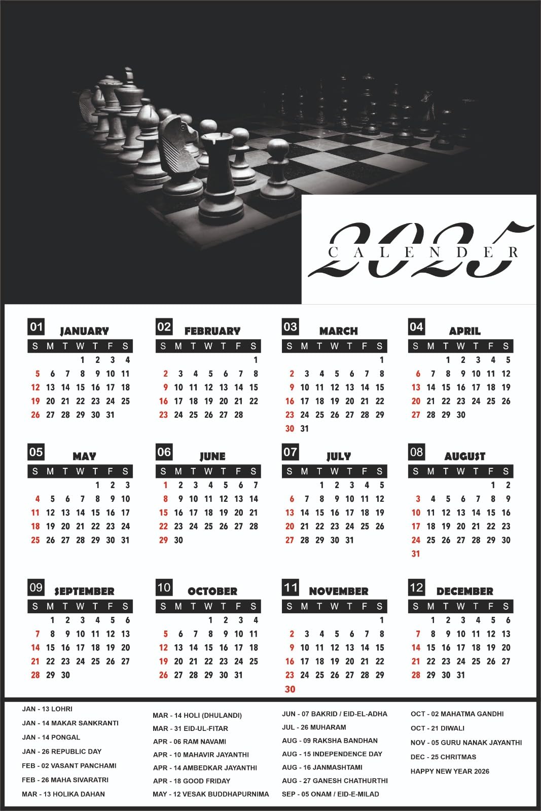VenuzeRT Annual Calendar 2025 Poster and Planner for Home and Office (12 x 18-inch) (Black Chess)