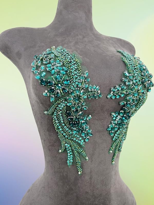 Handmade Rhinestones lace Trim Patches Handsewing Beads Bodice Applique for Dress DIY Accessories 1pair/Set (Deepgreen) by ArtistryXB - Used condition - Image 2