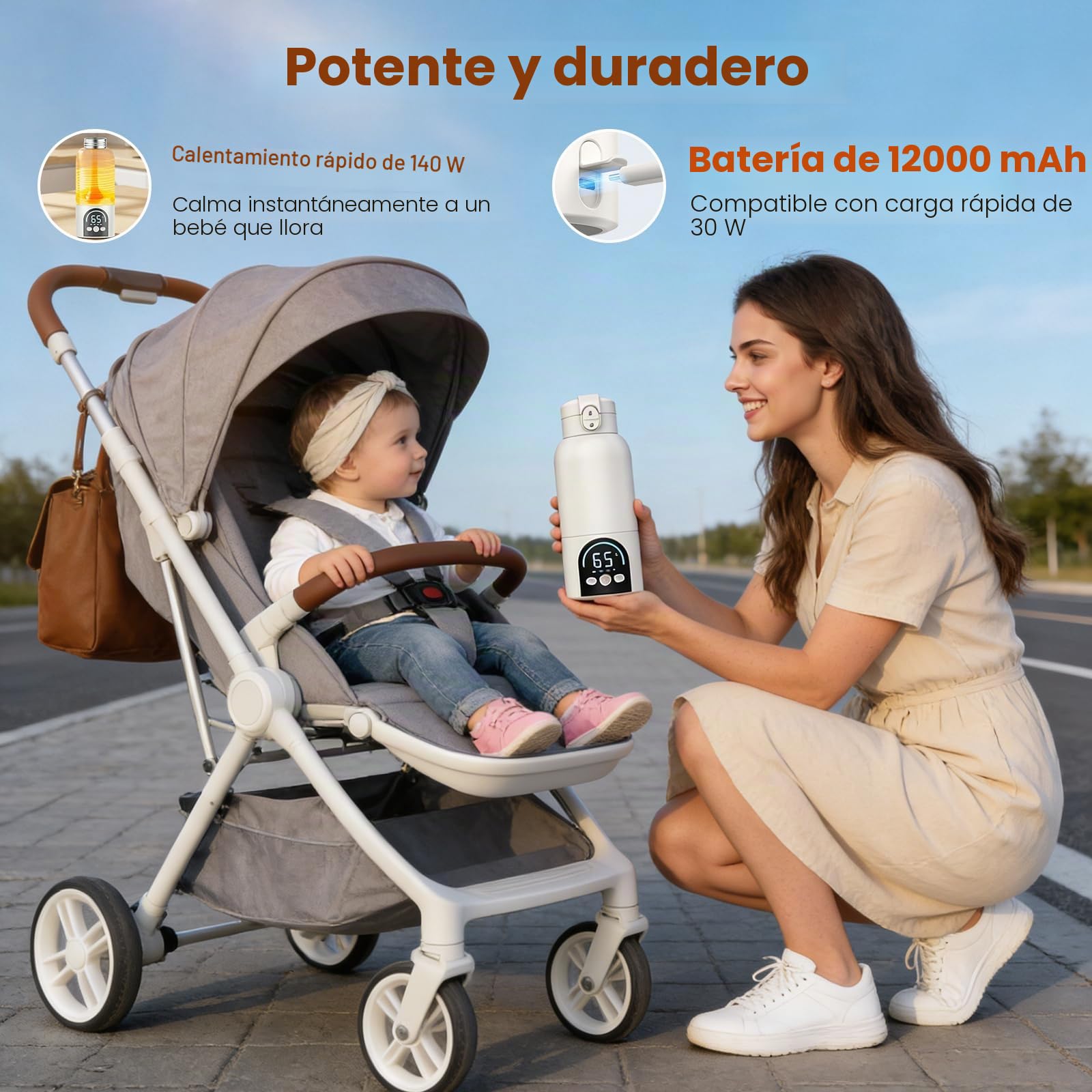 Calienta Biberones Portatil para Viaje, Calentamiento Rápido y Larga Duración de Batería 12000mAh, Capacidad de 500ml Calentador Biberones para Leche Materna y Agua (Blanco)