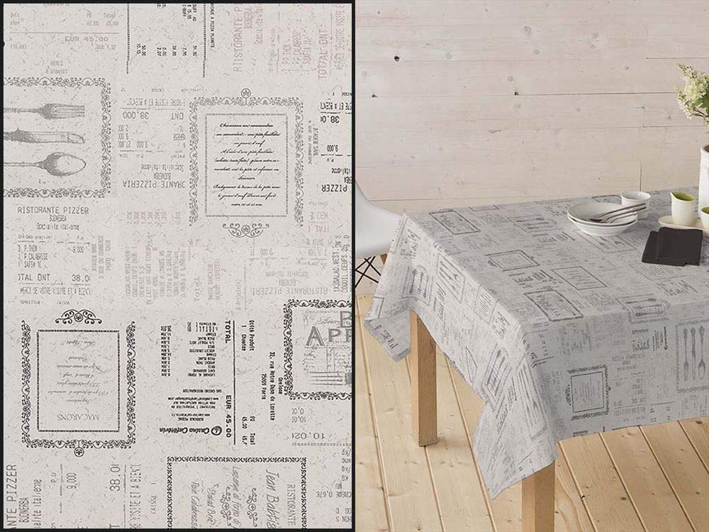 Mantel Tela Resinada Antimanchas Estampado Textos Vintage sobre Fondo Gris Claro (140_x_400_cm )
