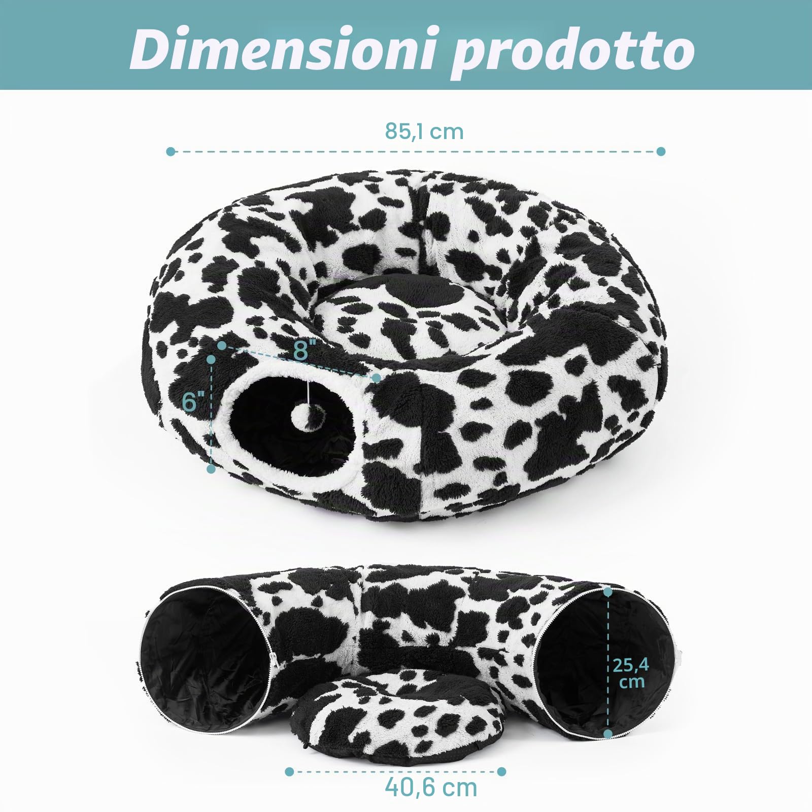 COZY KISS Tunnel per Gatti Interni con Letto, Tunnel con Due Entrate, Cuccia Con Cuscino Lavabile, Peluche Morbida, Interattivo per Cuccioli/Gattini/Conigli (Bianco & Nero, 85D)