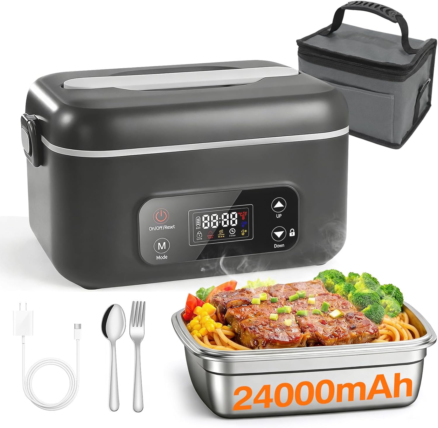 Heated Lunch Box, 24000mAh Battery Powered Electric Lunch Box for Adults, 5-Side Fast Heating with Scheduled Heating & Keep Warm, 5.5 Cups Cordless Portable Food Warmer, SUS304 Tray, for Office Truck