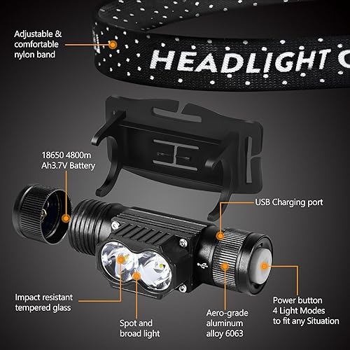 Miniatura 3 de Paquete de 4 faros delanteros recargables, 1200 lúmenes LED con 4 modos de luz, IPX6, impermeables, superbrillantes, de alto lúmenes, con correa