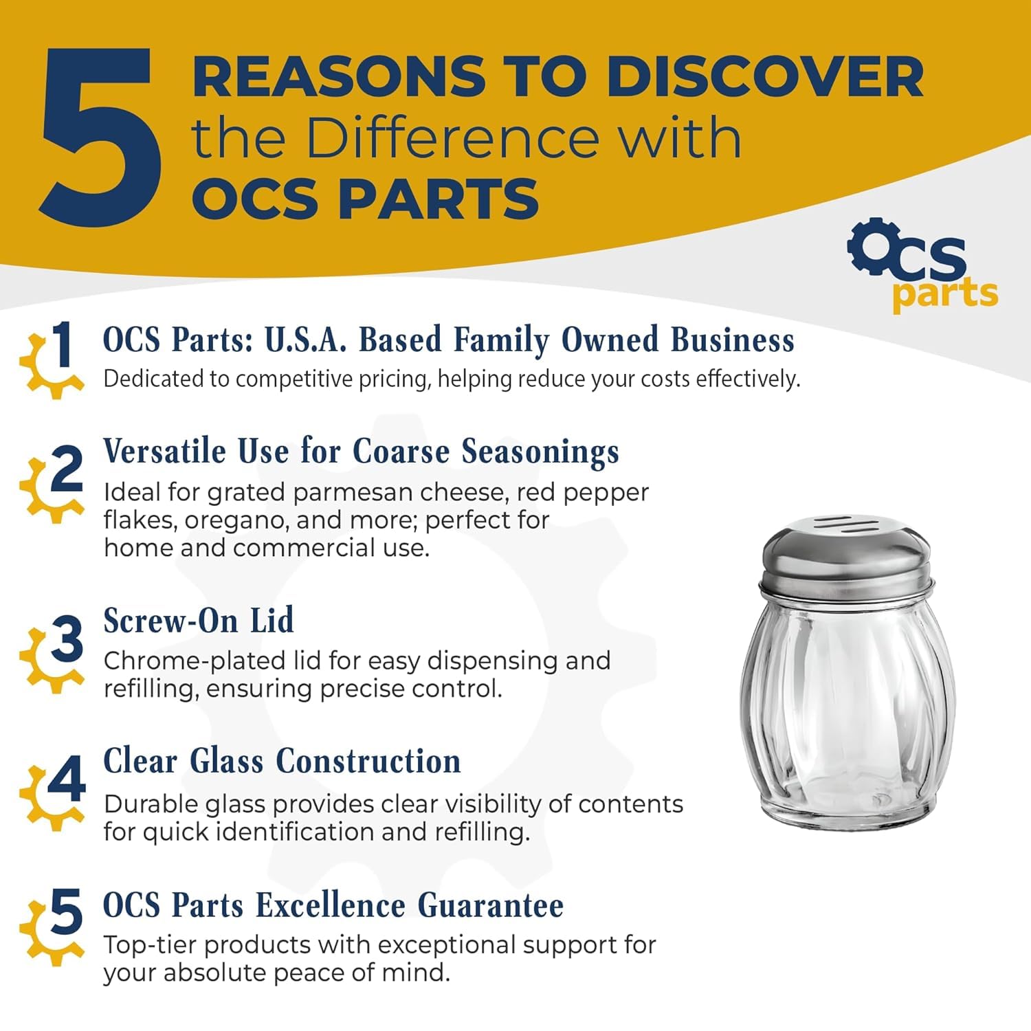 OCS Parts 3.5-Inch Glass Shakers with Chrome Plated Slotted Lids | 12-Pack | Grated Cheese, Chili and Red Pepper Shaker for Home Kitchens, Delis, Restauarants, and Pizza Parlors