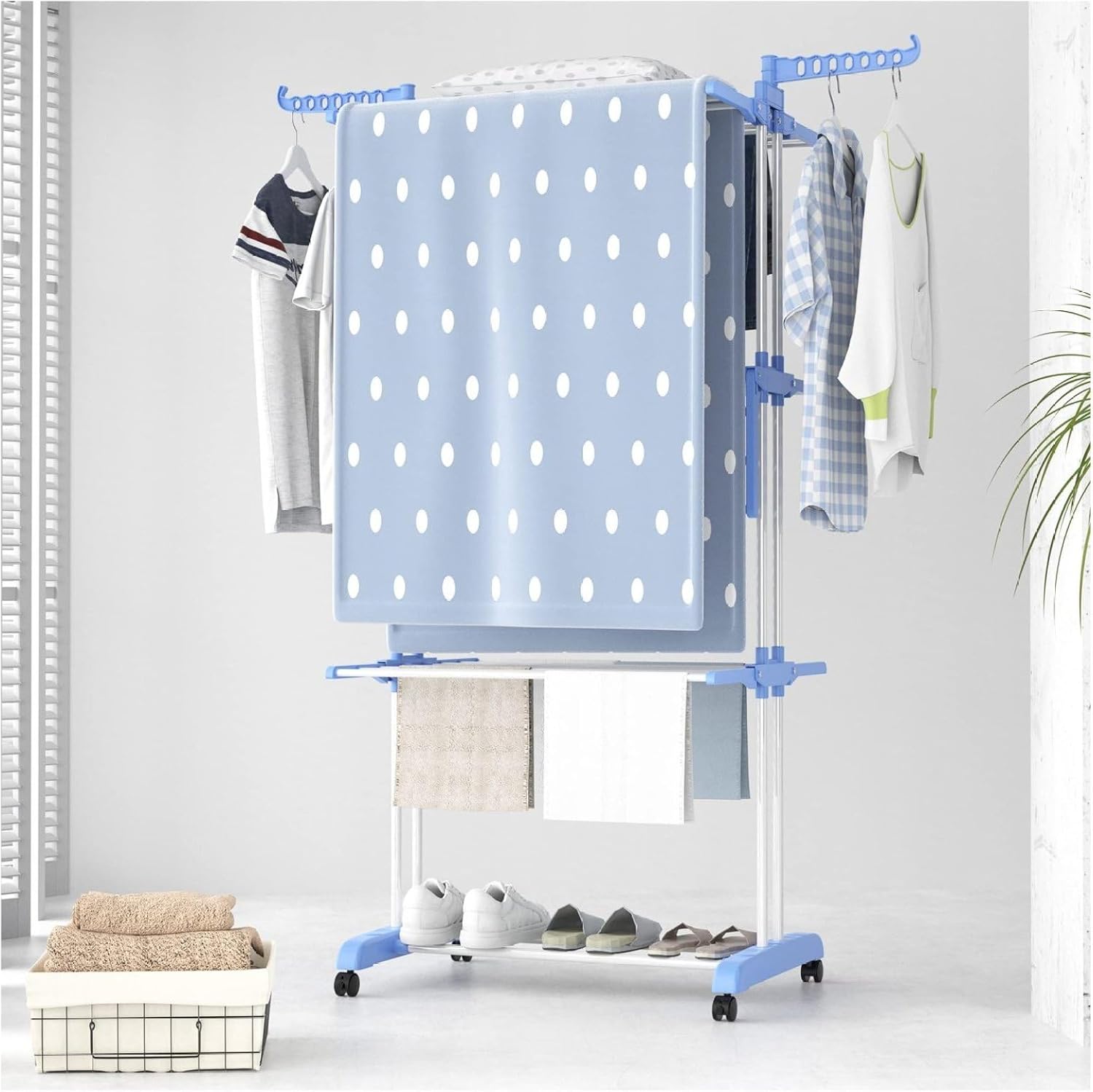 Clothes Drying Rack, Large 4-Tier Foldable Laundry Rack with Wheels - Movable Stainless Steel Drying Rack for Indoor Outdoor Use, Blue