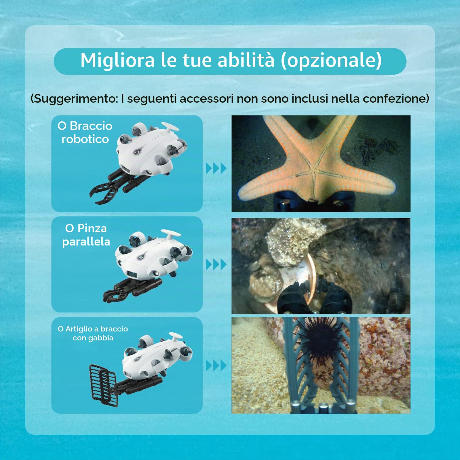 Drone subacqueo FIFISH V-EVO 4K con braccio robotico, blocco di visione AI Vision Lock, movimento omnidirezionale a 360°, immersione subacquea fino a 100 m, ROV