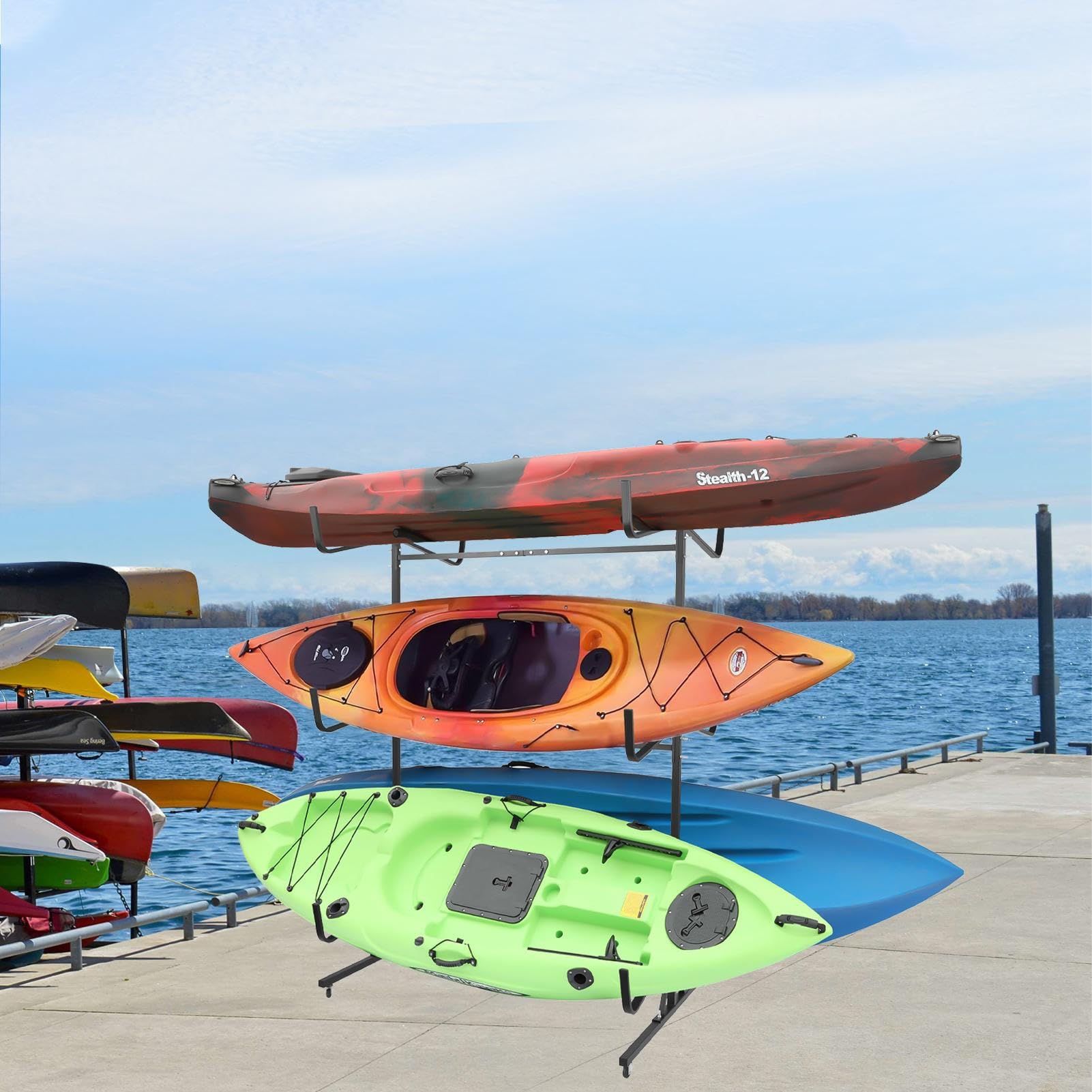 Kayak Stand,Freestanding Kayak Holder with Lockable Wheels - Width Adjustable Canoe Rack for Dock, Garage, Shed, Indoor, Outdoor Use