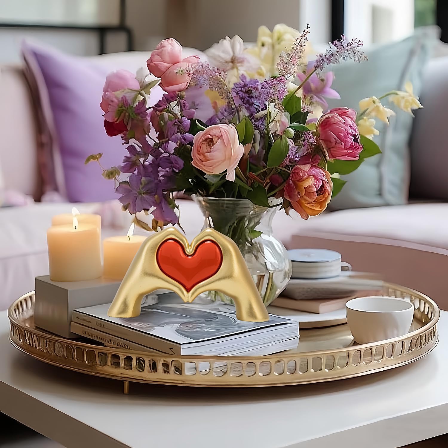 Heart Hand Sculpture with Light, Love Heart Statue Gold Aesthetics Decor for Living Room Bedroom Shelf Coffee Table Dining Table Centerpiece, Birthday Valentine Memorial Gift for Women Mom Girls