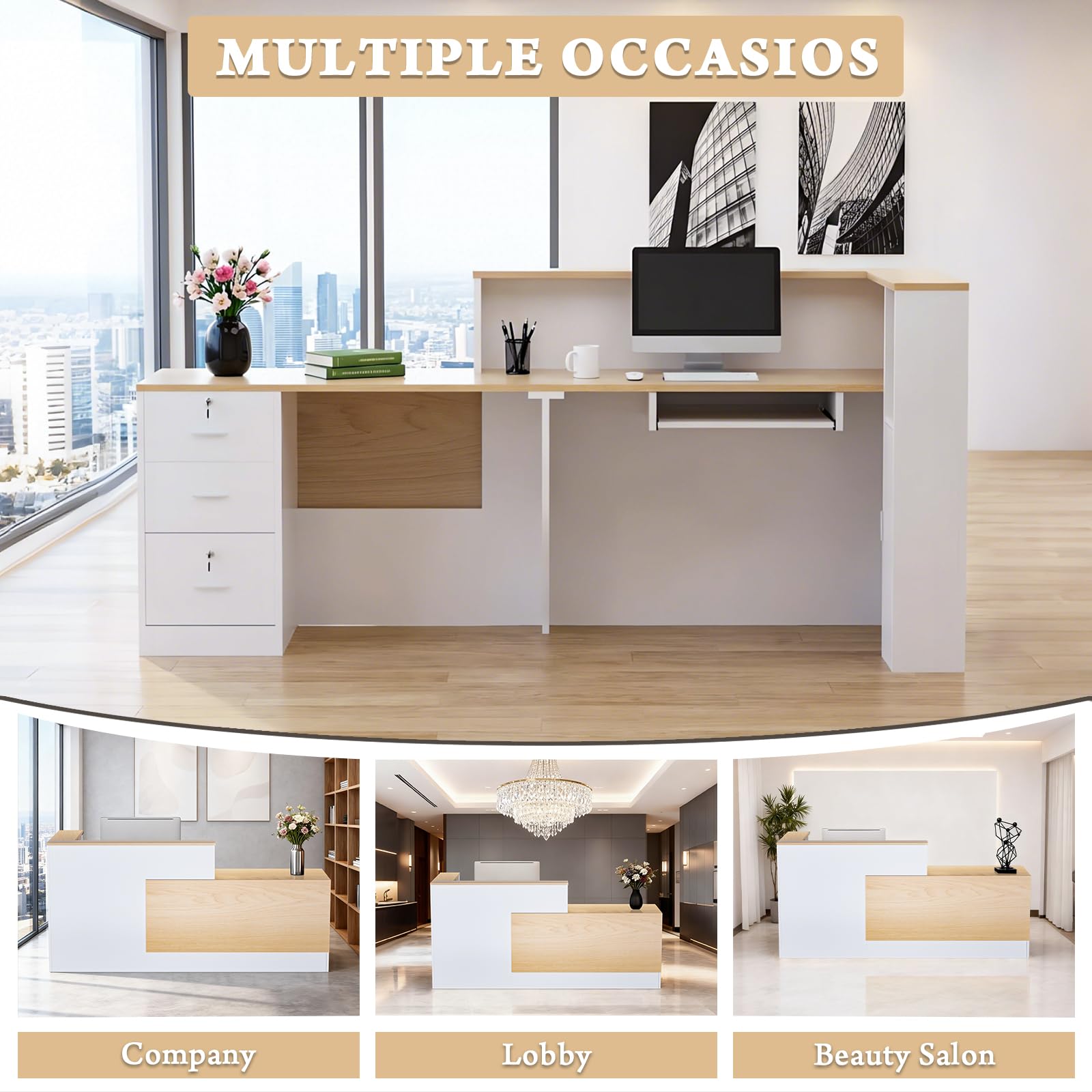 Escritorio de recepción grande de madera en forma de L, moderno mostrador de recepción con cajones con cerradura y bandeja de almacenamiento y teclado, para pagar, vestíbulo (madera natural izquierda