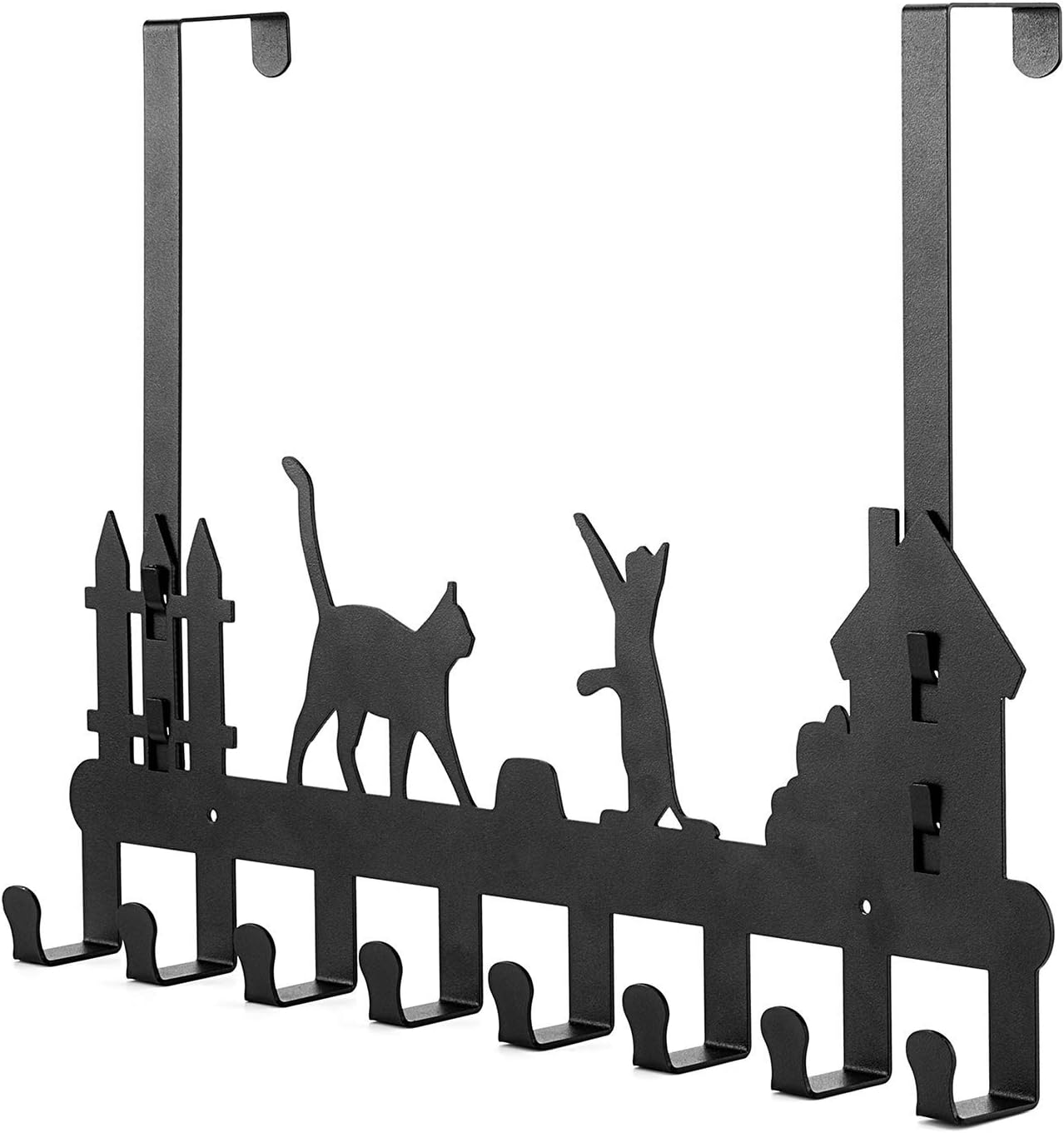 OAK LEAF 2-Pack Over The Door Hook Hanger with Cute Cat Design, Dual Mounted Coat Rack Organizer for Coat, Hat, Clothes, 8-Hooks, Black