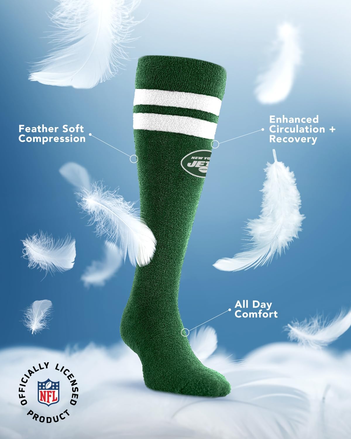 For Bare Feet NFL NEW YORK JETS Cozy Feather Compression Varsity Stripe Team Color Large/Extra Large - Image 3