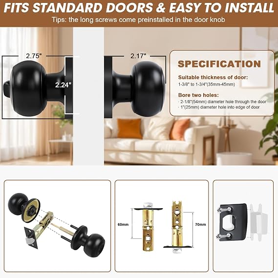 RAZCC Privacy Door Knobs, 3 Pack Matte Black Door Knobs with Lock, Bed and Bath Door Knob Interior Keyless Locksets, Round Door Handles Reversible for Left Right Handed Doors