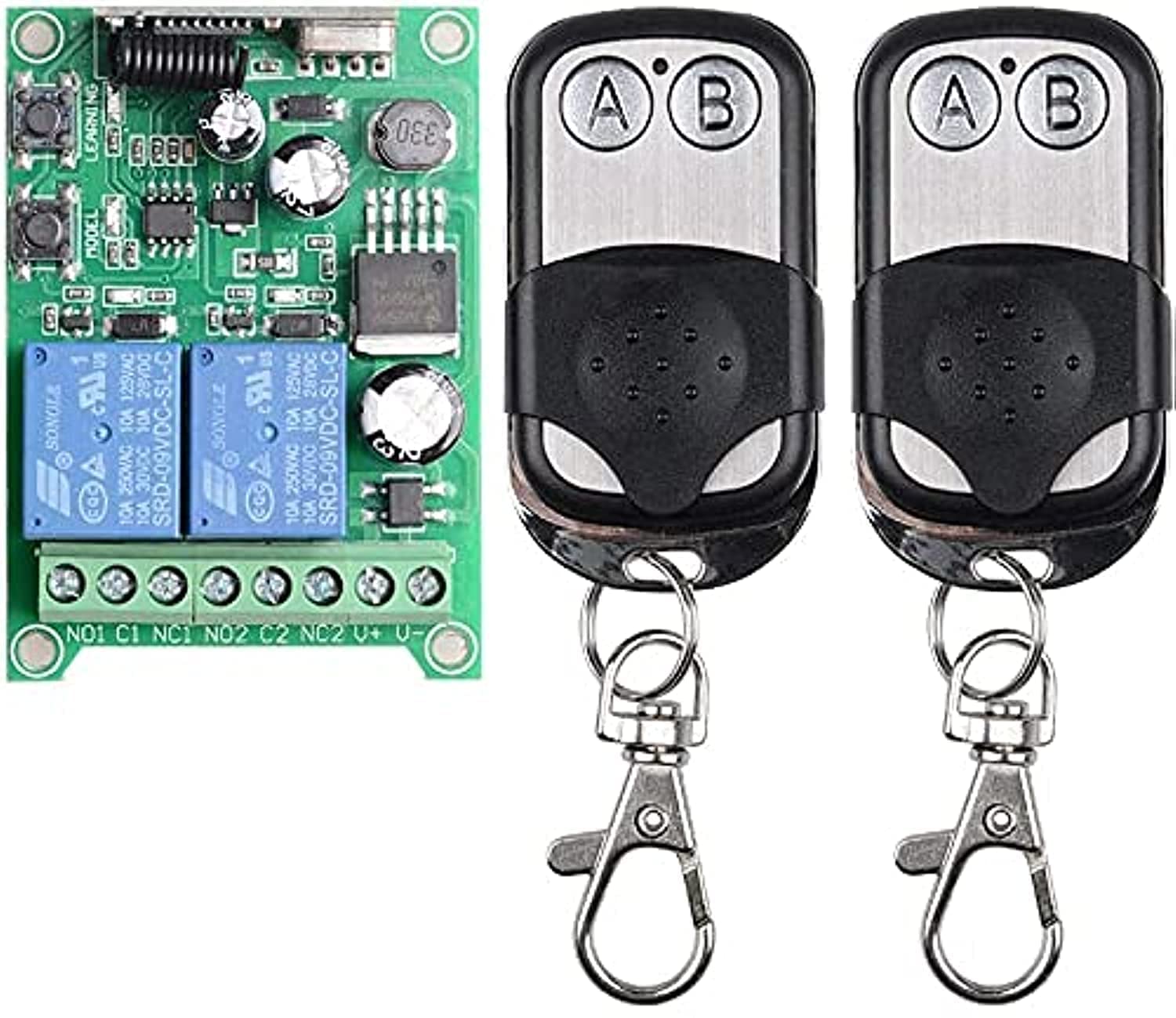 Tomvision Universal Wireless Remote Control Switch DC 12V 2CH 10A Relay Receiver Module with 2 Channel RF Remote Transmitter for Various Wireless Controls