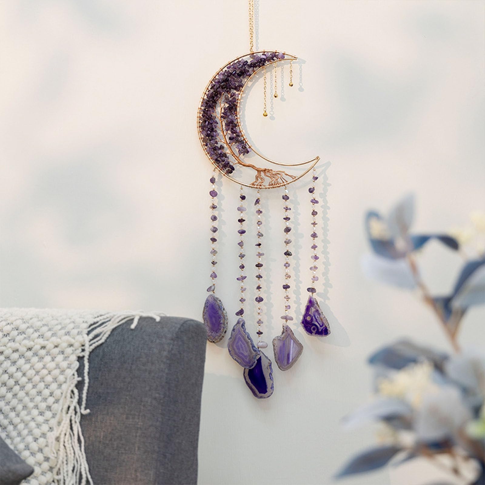 TazweeqAgate Moon Crystal Dream Catcher, Amethyst Tree Moon Wind Chime, Natural Tree of Life Gemstone Agate Wall Hanging, Home Wall Decor, Purple Bedroom Decor, Purple