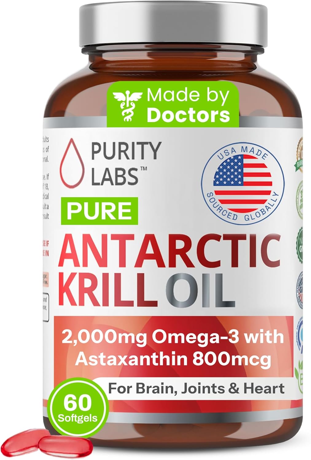 Purity Labs Antarctic Krill Oil 2000mg Omega-3 with Astaxanthin 800mcg Supplements to Support Memory- Rich in Omega 3, Fatty Acids, DHA, EPA & Phospholipids - 60 Softgels