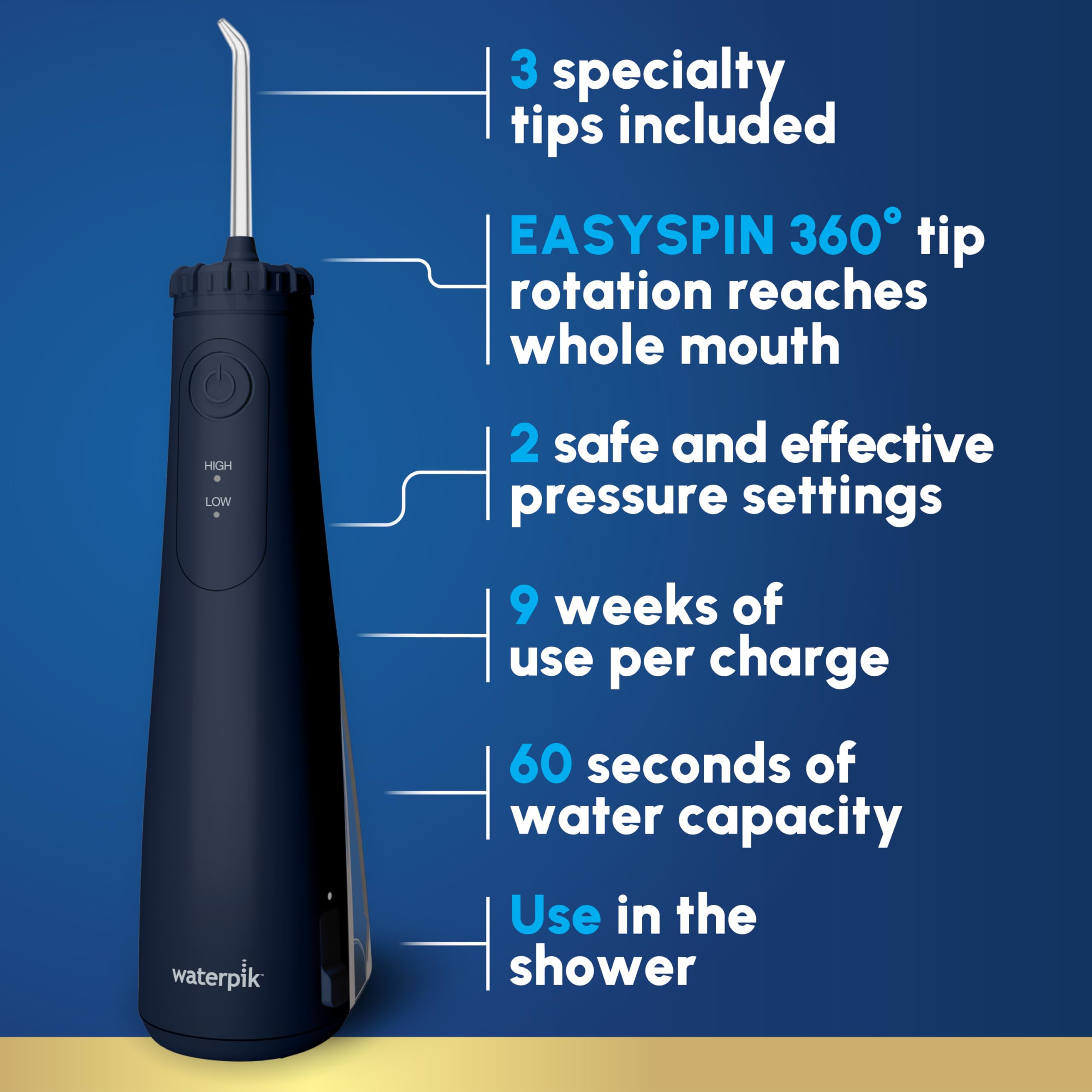 Waterpik Cordless Gem Water Flosser 5100 per viaggi e casa, ricaricabile, portatile, impermeabile per doccia, cura quotidiana delle gengive, pulizia dei denti, bretelle, impianti, 3 punte per filo